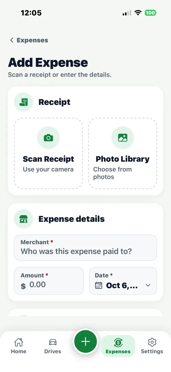 The Add Expense screen with Scan Receipt and Photo Library options above the merchant, amount and date fields.