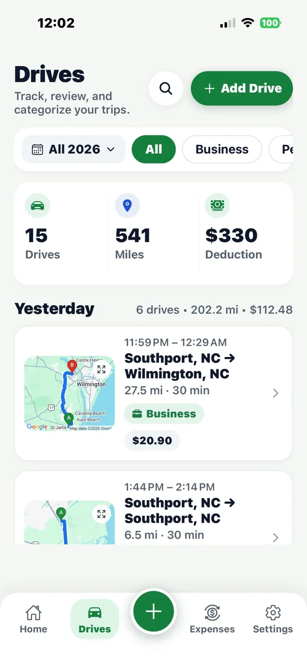 The Drives screen: 15 drives, 541 miles and a $330 deduction this year, with each drive's route map, time and distance.