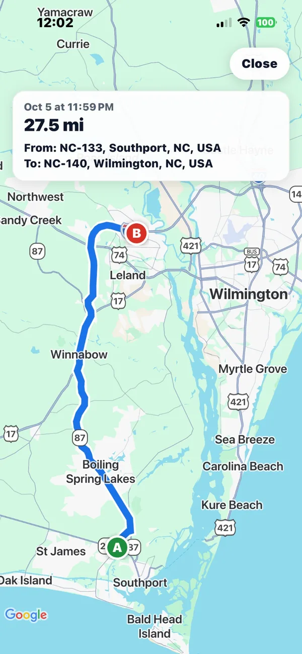 A full-screen map of a 27.5-mile drive from Southport to Wilmington, North Carolina, with start and end markers.
