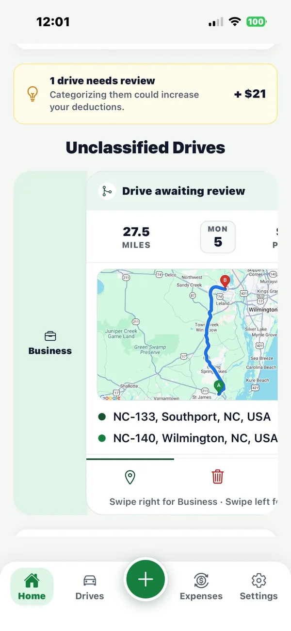 Swiping a drive card to the right marks the 27.5-mile drive as Business.